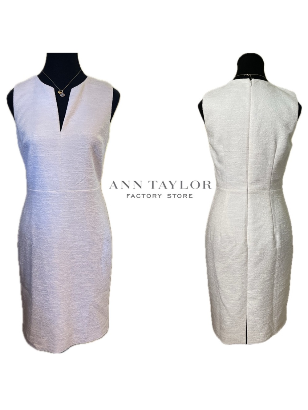 Ann Taylor White Textured Sheath Dress Notched V-Neck Sleeveless Work Size 0